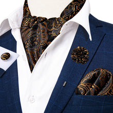 Brown Black Paisley Silk Cravat Woven Ascot Tie Pocket Square Handkerchief Suit with Lapel Pin Brooch Set