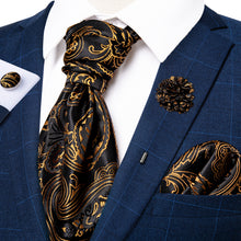 Brown Black Paisley Silk Cravat Woven Ascot Tie Pocket Square Handkerchief Suit with Lapel Pin Brooch Set