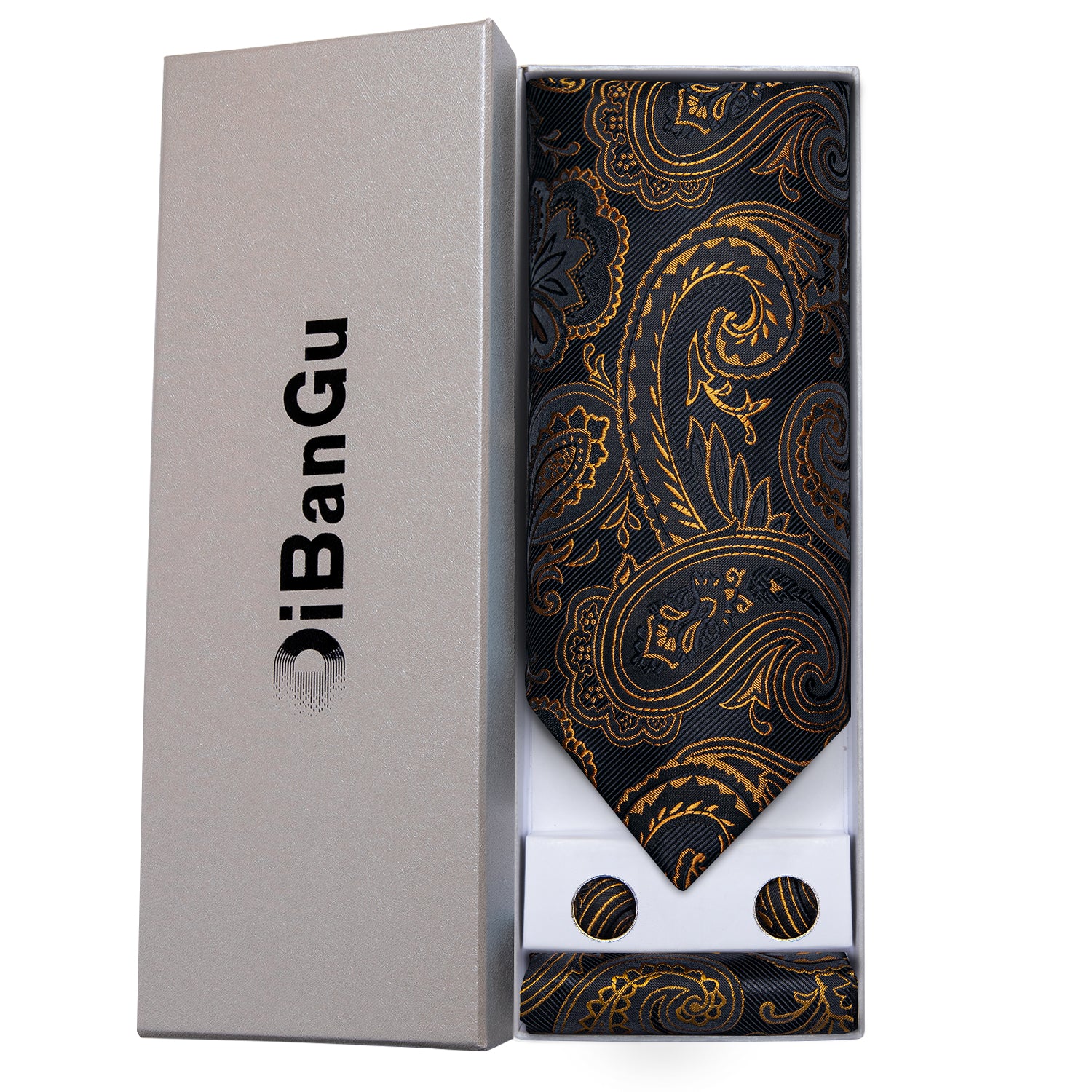 Brown Black Paisley Silk Cravat Woven Ascot Tie Pocket Square Handkerchief Suit Set