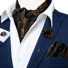 Black Golden Floral Silk Cravat Woven Ascot Tie Pocket Square Handkerchief Suit with Lapel Pin Brooch Set