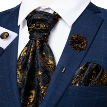Black Golden Floral Silk Cravat Woven Ascot Tie Pocket Square Handkerchief Suit with Lapel Pin Brooch Set