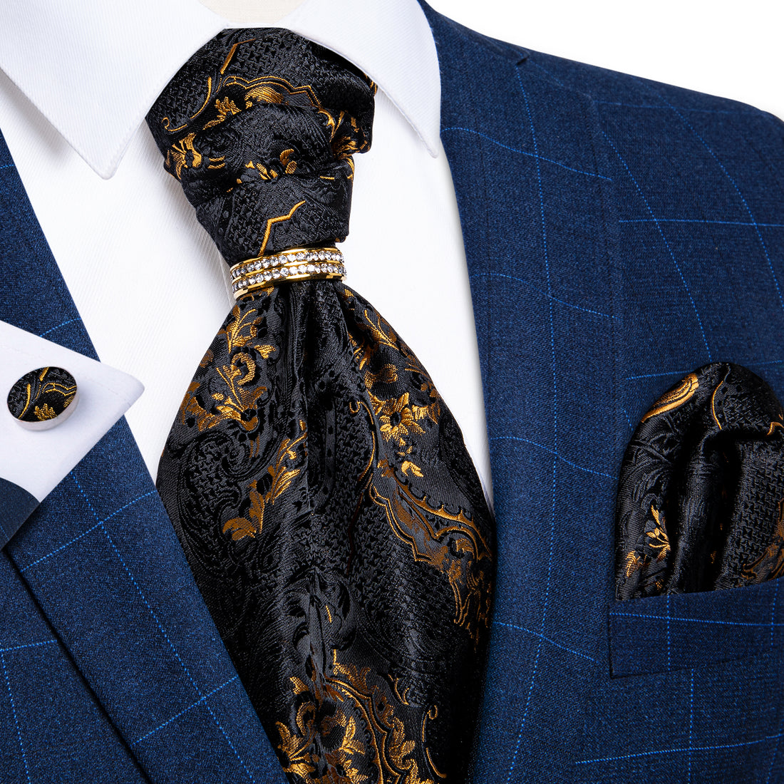 Black Golden Floral Silk Cravat Woven Ascot Tie Pocket Square Cufflinks With Tie Ring Gift Box Set