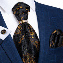 Black Golden Floral Silk Cravat Woven Ascot Tie Pocket Square Cufflinks With Tie Ring Gift Box Set