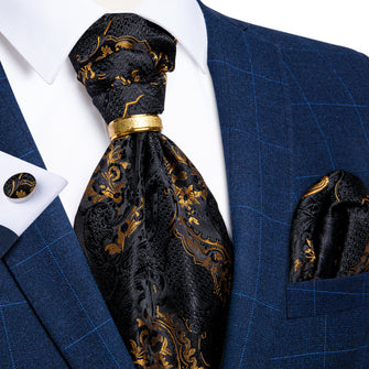 Black Golden Floral Silk Cravat Woven Ascot Tie Pocket Square Cufflinks With Tie Ring Set