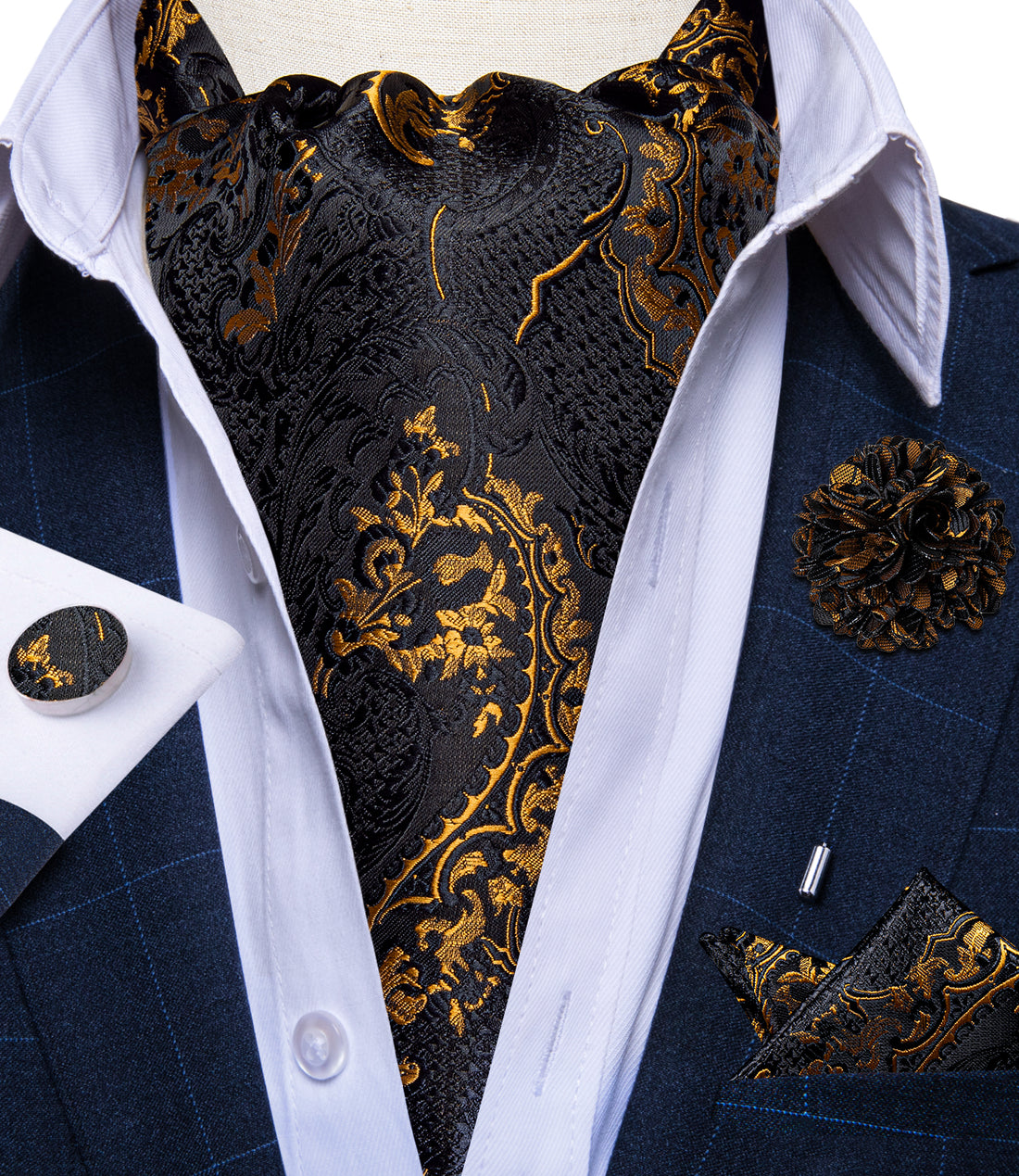 Black Golden Floral Silk Cravat Woven Ascot Tie Pocket Square Handkerchief Suit with Lapel Pin Brooch Set