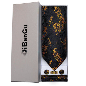 Black Golden Floral Silk Cravat Woven Ascot Tie Pocket Square Cufflinks With Tie Ring Gift Box Set