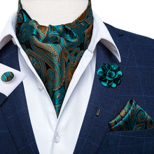 New Green Paisley Silk Cravat Woven Ascot Tie Pocket Square Cufflinks With Lapel Pin Brooch Set