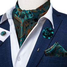 New Green Paisley Silk Cravat Woven Ascot Tie Pocket Square Cufflinks With Lapel Pin Brooch Set