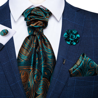Green Paisley Silk Cravat Woven Ascot Tie Pocket Square Cufflinks With Lapel Pin Brooch Set