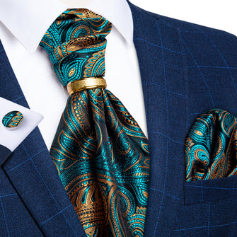 New Turquoise Paisley Silk Cravat Woven Ascot Tie Pocket Square Cufflinks With Tie Ring Set
