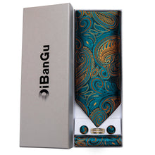 Turquoise Paisley Silk Cravat Woven Ascot Tie Pocket Square Cufflinks With Tie Ring Gift Box Set