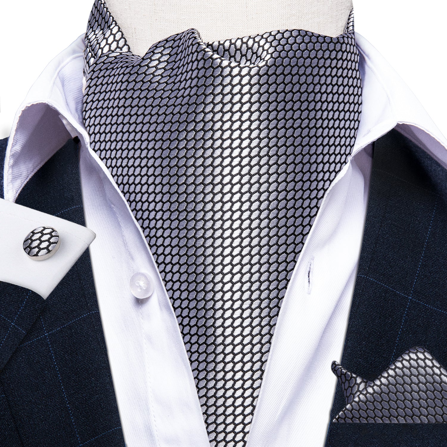 New Silver Gray Solid Silk Cravat Woven Ascot Tie Pocket Square Handkerchief Suit Set (4602511392849)