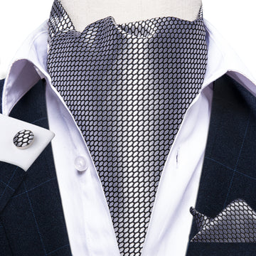 New Silver Gray Solid Silk Cravat Woven Ascot Tie Pocket Square Handkerchief Suit Set (4602511392849)