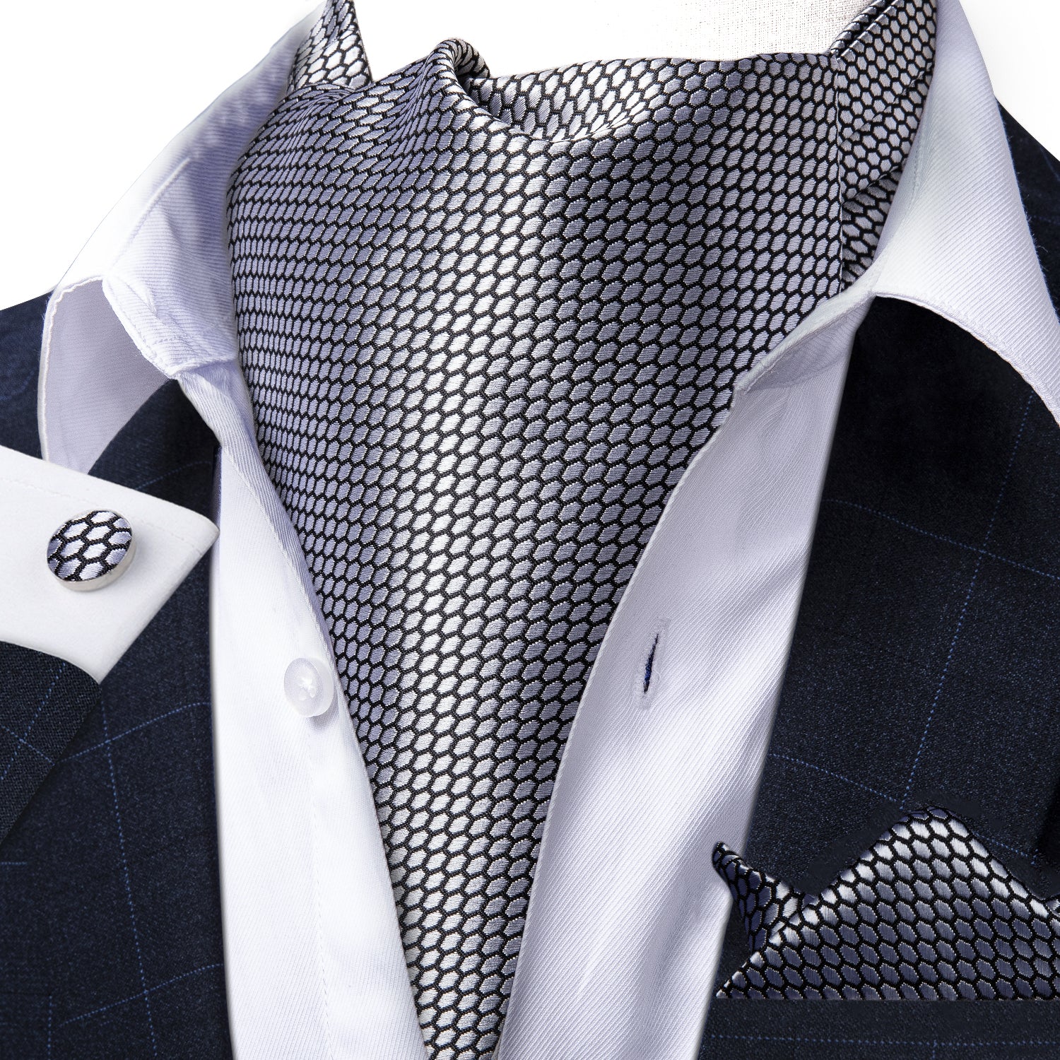 New Silver Gray Solid Silk Cravat Woven Ascot Tie Pocket Square Handkerchief Suit Set (4602511392849)