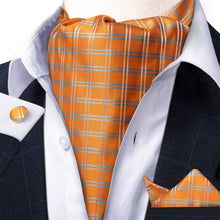 New Orange Plaid Silk Cravat Woven Ascot Tie Pocket Square Handkerchief Suit Set (4602526957649)