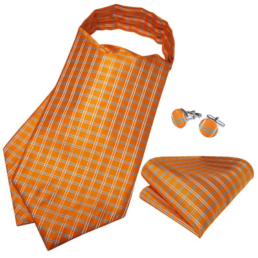 New Orange Plaid Silk Cravat Woven Ascot Tie Pocket Square Handkerchief Suit Set (4602526957649)