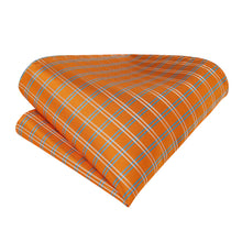 New Orange Plaid Silk Cravat Woven Ascot Tie Pocket Square Handkerchief Suit Set (4602526957649)