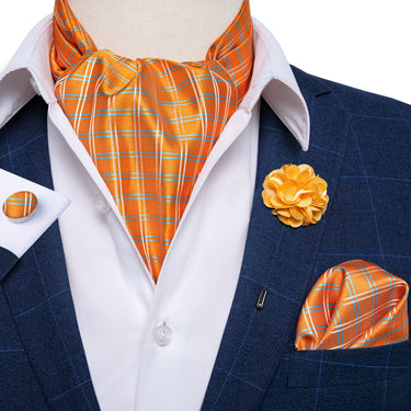 Orange Plaid Silk Cravat Woven Ascot Tie Pocket Square Handkerchief Suit with Lapel Pin Brooch Set