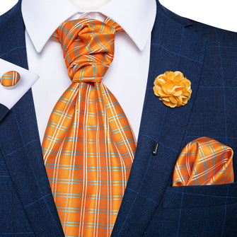 Orange Plaid Silk Cravat Woven Ascot Tie Pocket Square Handkerchief Suit with Lapel Pin Brooch Set