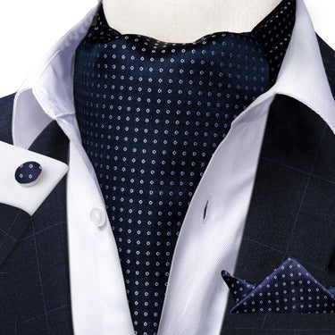 Blue White Dots Silk Cravat Woven Ascot Tie Pocket Square Cufflinks with Tie Ring Set (4667813101649)