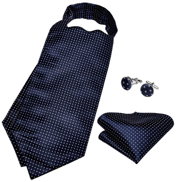 Blue White Dots Silk Cravat Woven Ascot Tie Pocket Square Cufflinks with Tie Ring Set (4667813101649)