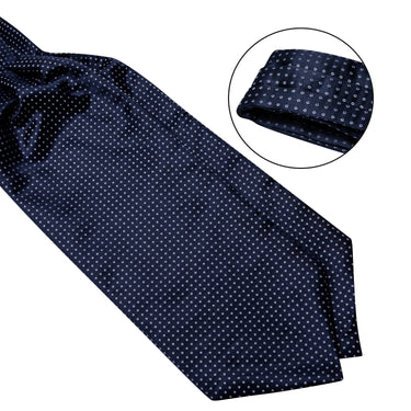 Blue White Dots Silk Cravat Woven Ascot Tie Pocket Square Cufflinks with Tie Ring Set (4667813101649)
