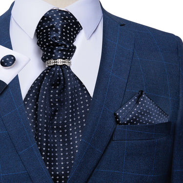 Blue White Dots Silk Cravat Woven Ascot Tie Pocket Square Cufflinks with Tie Ring Set (4667813101649)