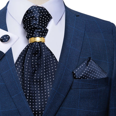 Blue White Dots Silk Cravat Woven Ascot Tie Pocket Square Cufflinks with Tie Ring Set (4667813101649)