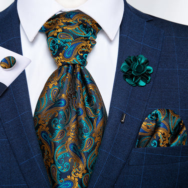 Blue Brown Paisley Silk Cravat Woven Ascot Tie Pocket Square Handkerchief Suit with Lapel Pin Brooch Set