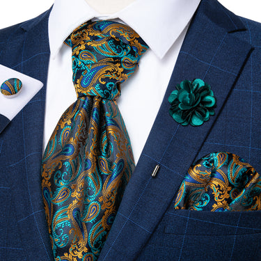 Blue Brown Paisley Silk Cravat Woven Ascot Tie Pocket Square Handkerchief Suit with Lapel Pin Brooch Set