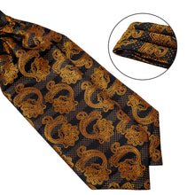 New Black Golden Floral Silk Cravat Woven Ascot Tie Pocket Square Handkerchief Suit Set (4602603864145)