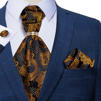 Black Golden Floral Silk Cravat Woven Ascot Tie Pocket Square Cufflinks With Tie Ring Set (4667814641745)