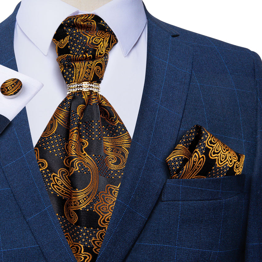 Black Golden Floral Silk Cravat Woven Ascot Tie Pocket Square Cufflink ...