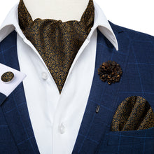 New Golden Floral Silk Cravat Woven Ascot Tie Pocket Square Handkerchief Suit with Lapel Pin Brooch Set