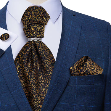 Golden Floral Silk Cravat Woven Ascot Tie Pocket Square Cufflinks With Tie Ring Set (4667816575057)