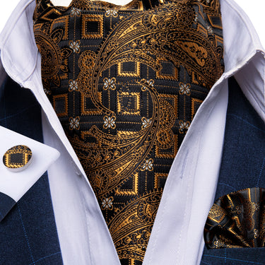 Black Brown Paisley Silk Cravat Woven Ascot Tie Pocket Square Cufflinks With Tie Ring Set (4667738194001)