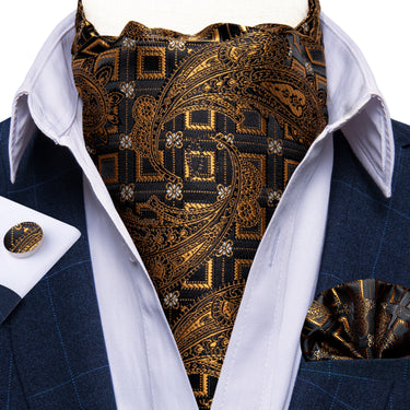 Black Brown Paisley Silk Cravat Woven Ascot Tie Pocket Square Cufflinks With Tie Ring Set (4667738194001)