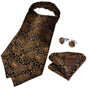 Black Brown Paisley Silk Cravat Woven Ascot Tie Pocket Square Cufflinks With Tie Ring Set (4667738194001)