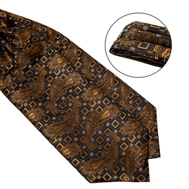 Black Brown Paisley Silk Cravat Woven Ascot Tie Pocket Square Cufflinks With Tie Ring Set (4667738194001)