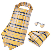 New Yellow Blue Striped Silk Cravat Woven Ascot Tie Pocket Square Handkerchief Suit Set (4602631028817)