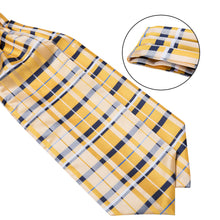 New Yellow Blue Striped Silk Cravat Woven Ascot Tie Pocket Square Handkerchief Suit Set (4602631028817)