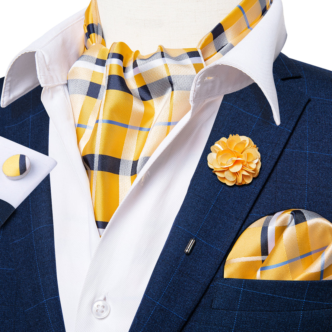 Yellow Blue Striped Silk Cravat Woven Ascot Tie Pocket Square Handkerchief Suit with Lapel Pin Brooch Set