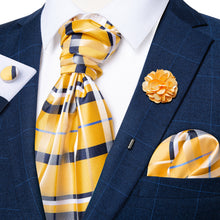 Yellow Blue Striped Silk Cravat Woven Ascot Tie Pocket Square Handkerchief Suit with Lapel Pin Brooch Set