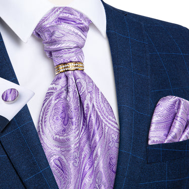 Purple Paisely Silk Cravat Woven Ascot Tie Pocket Square Cufflinks With Tie Ring Set