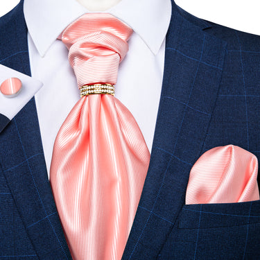 Pink Solid Silk Cravat Woven Ascot Tie Pocket Square Cufflinks With Tie Ring Set
