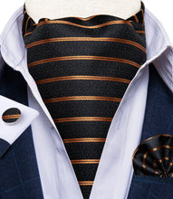 New Gold Black Striped Silk Cravat Woven Ascot Tie Pocket Square Handkerchief Suit Set (4602649968721)