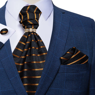 Gold Black Striped Silk Cravat Woven Ascot Tie Pocket Square Cufflinks With Tie Ring Set (4667821162577)