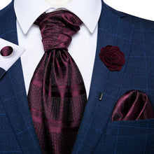 New Purplish Red Silk Cravat Woven Ascot Tie Pocket Square Handkerchief Suit with Lapel Pin Brooch Set