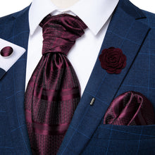 Purplish Red Silk Cravat Woven Ascot Tie Pocket Square Handkerchief Suit with Lapel Pin Brooch Set