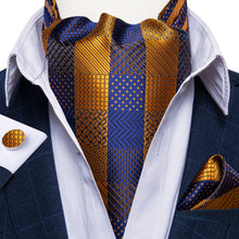 New Blue Yellow Plaid Silk Cravat Woven Ascot Tie Pocket Square Handkerchief Suit Set (4601464750161)